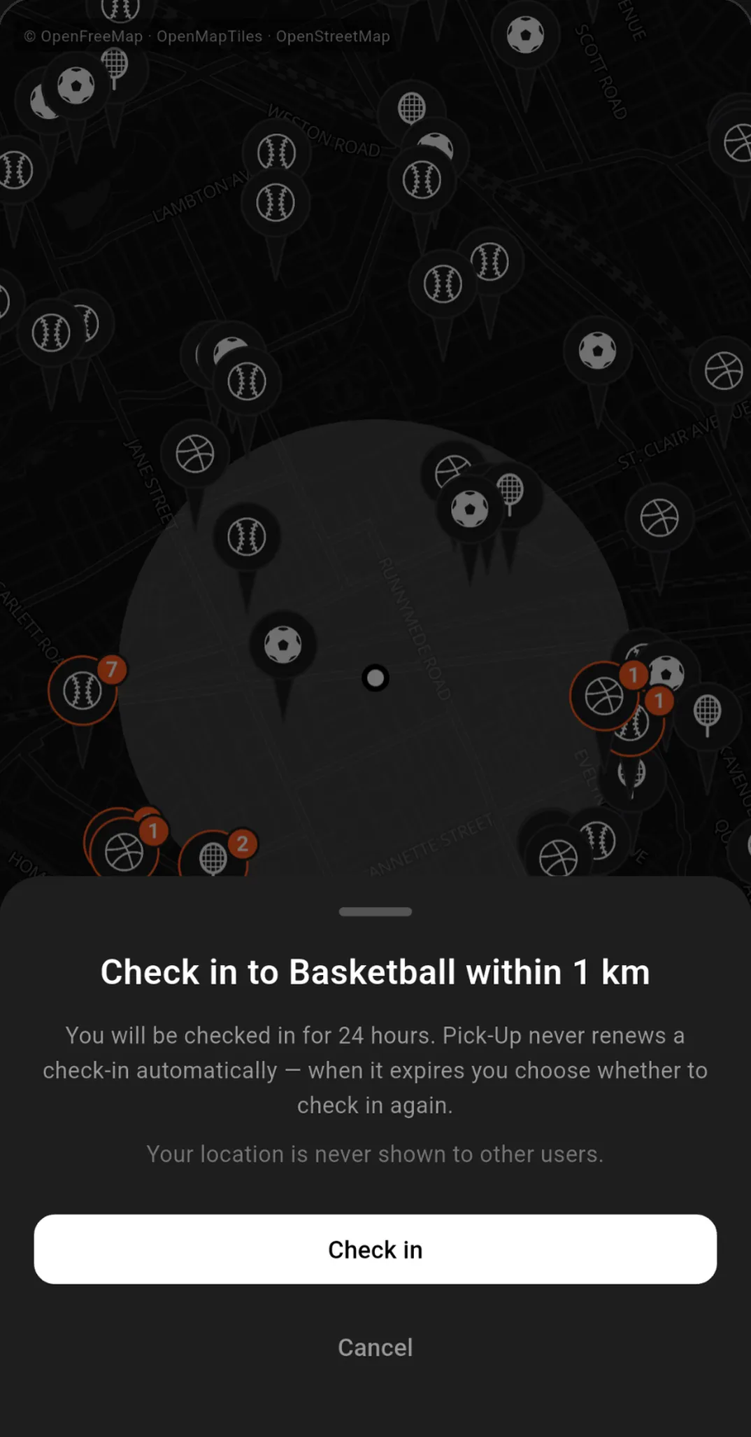 Confirming a 24-hour basketball check-in within 1 km