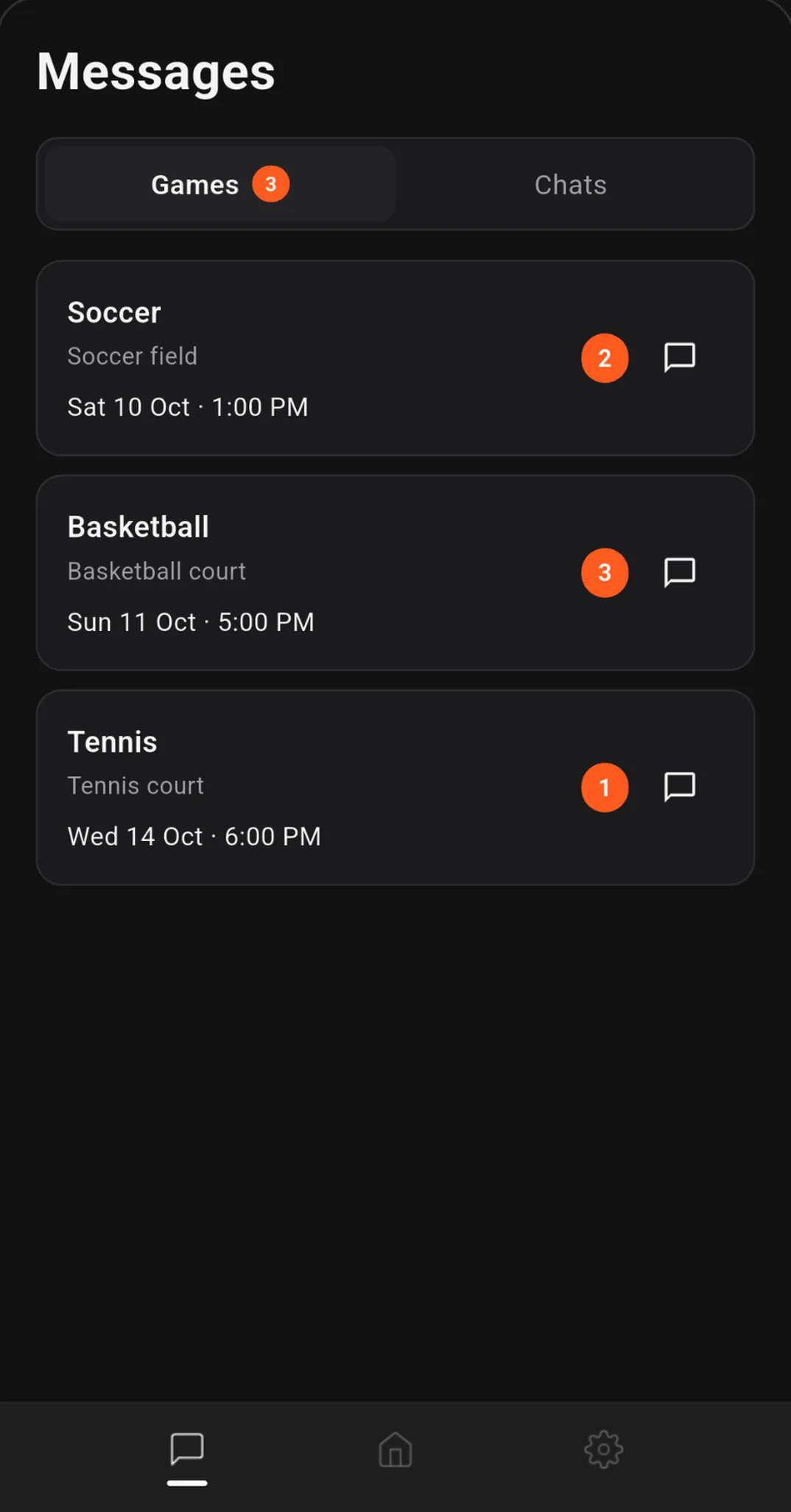 The Games tab listing upcoming soccer, basketball and tennis games