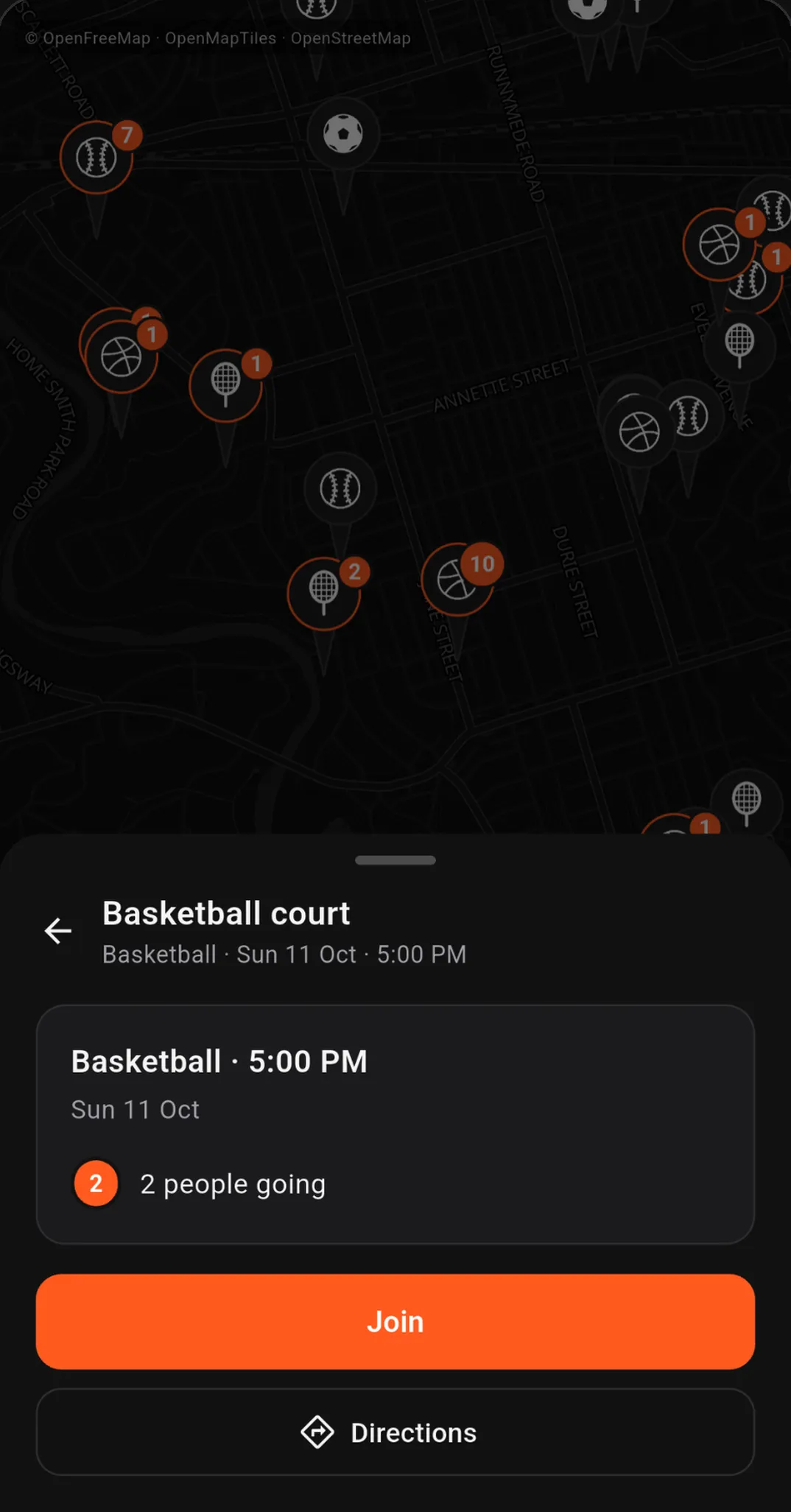 A 5:00 PM basketball game with 2 people going, a Join button and a Directions button