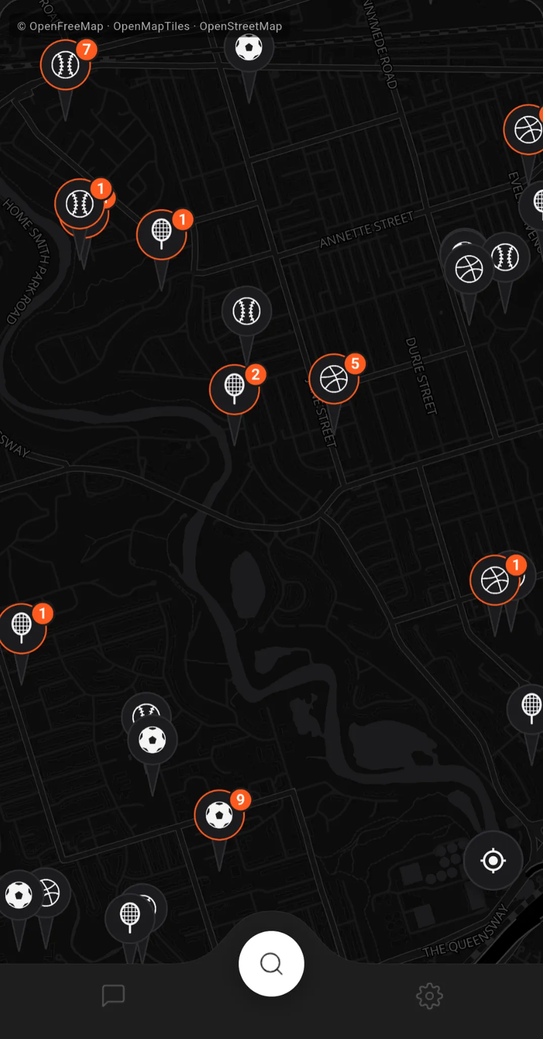 The Pick-Up map with a pin for each nearby spot to play, orange numbers showing how many people have joined