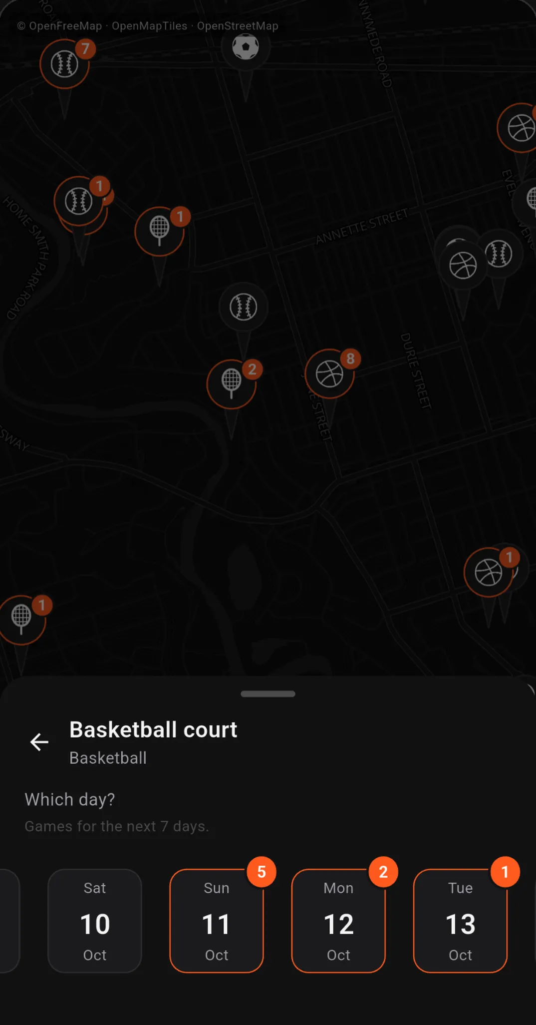 A basketball spot open on the map, with the next few days and how many people are going on each