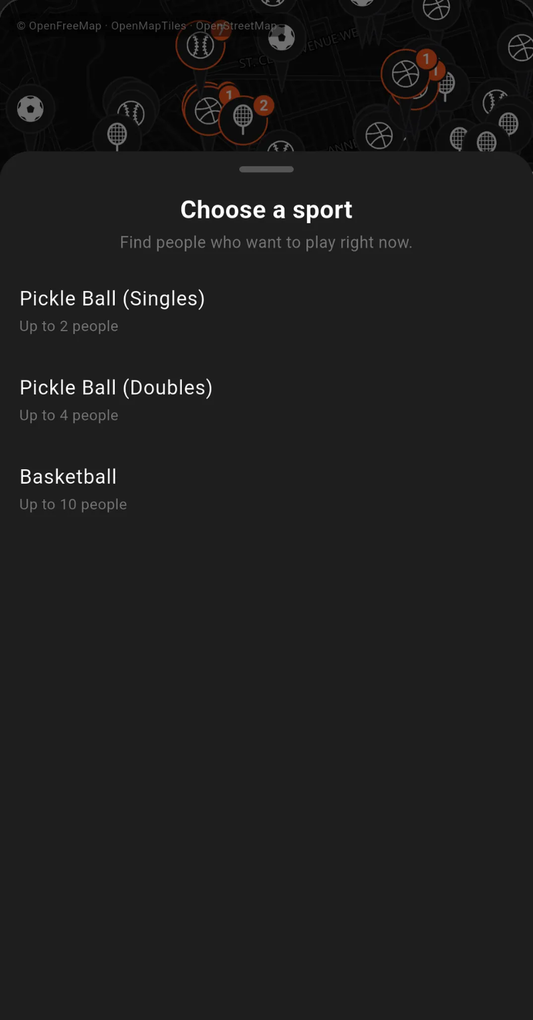 Choosing a sport for a search: pickleball singles, pickleball doubles or basketball