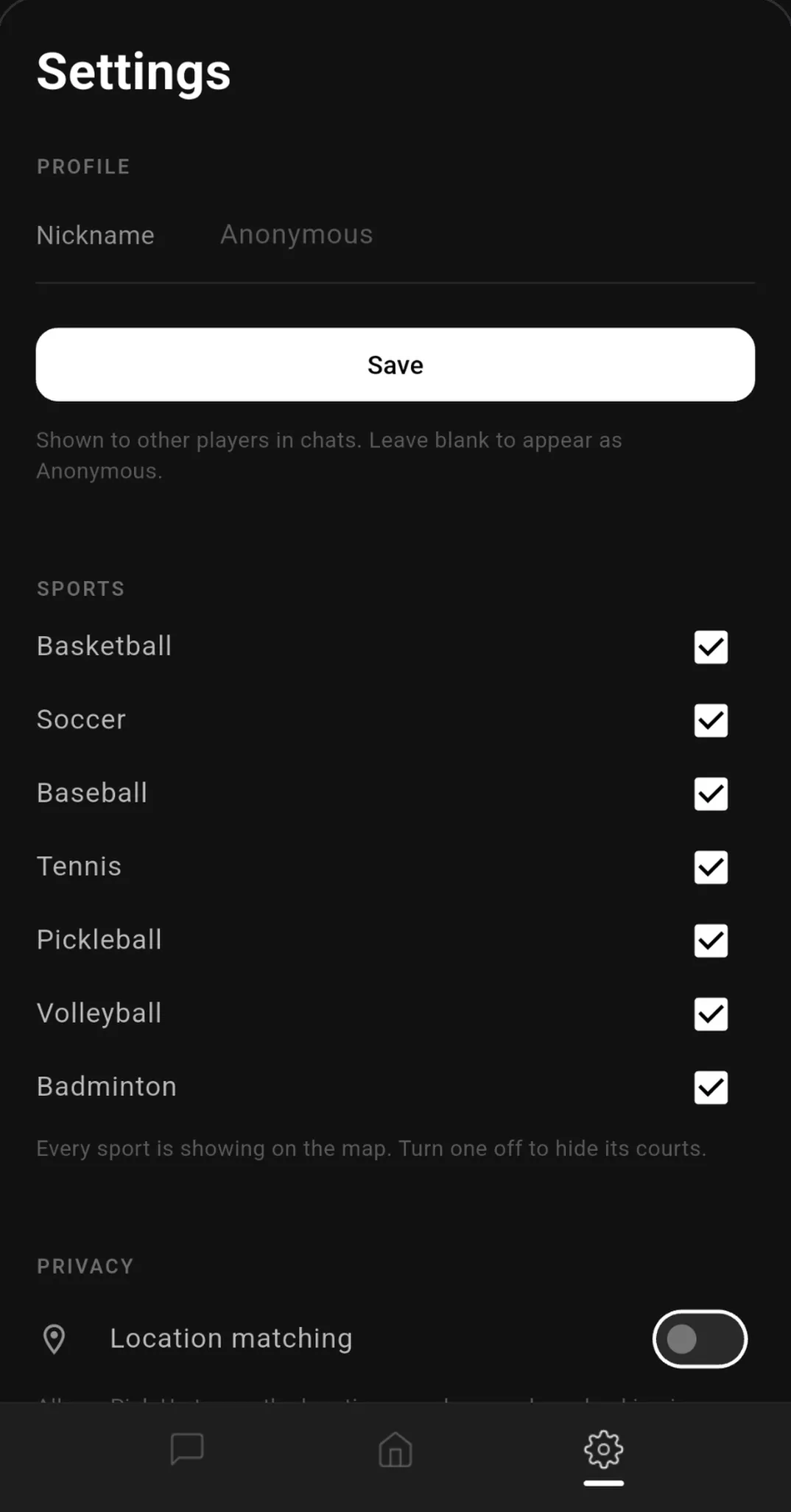 Settings with an optional nickname, a list of sports to show on the map, and a location matching switch